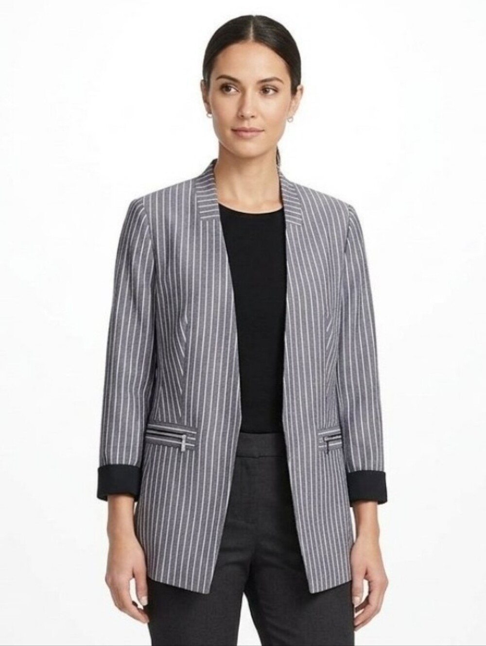 Jones New York Suites Navy Blue White Stripe Zip Pockets Blazer Rayon Sz 10